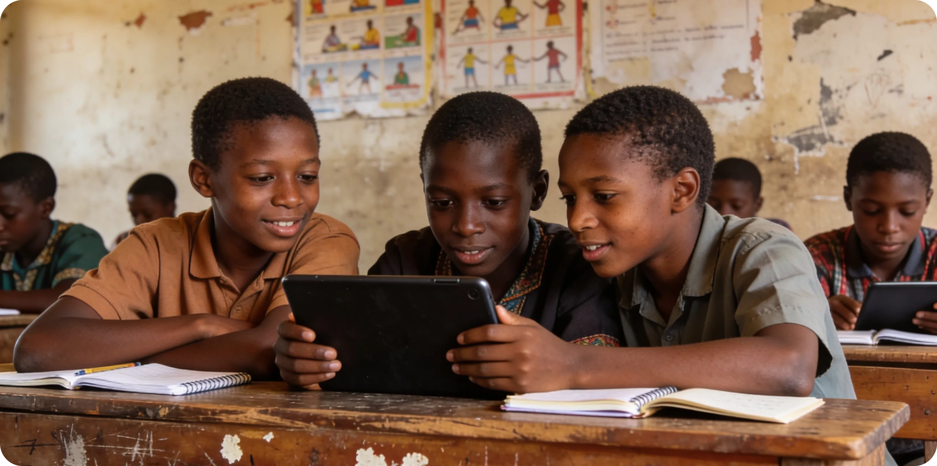 Kenyan children gathered around a laptop outdoors, learning together